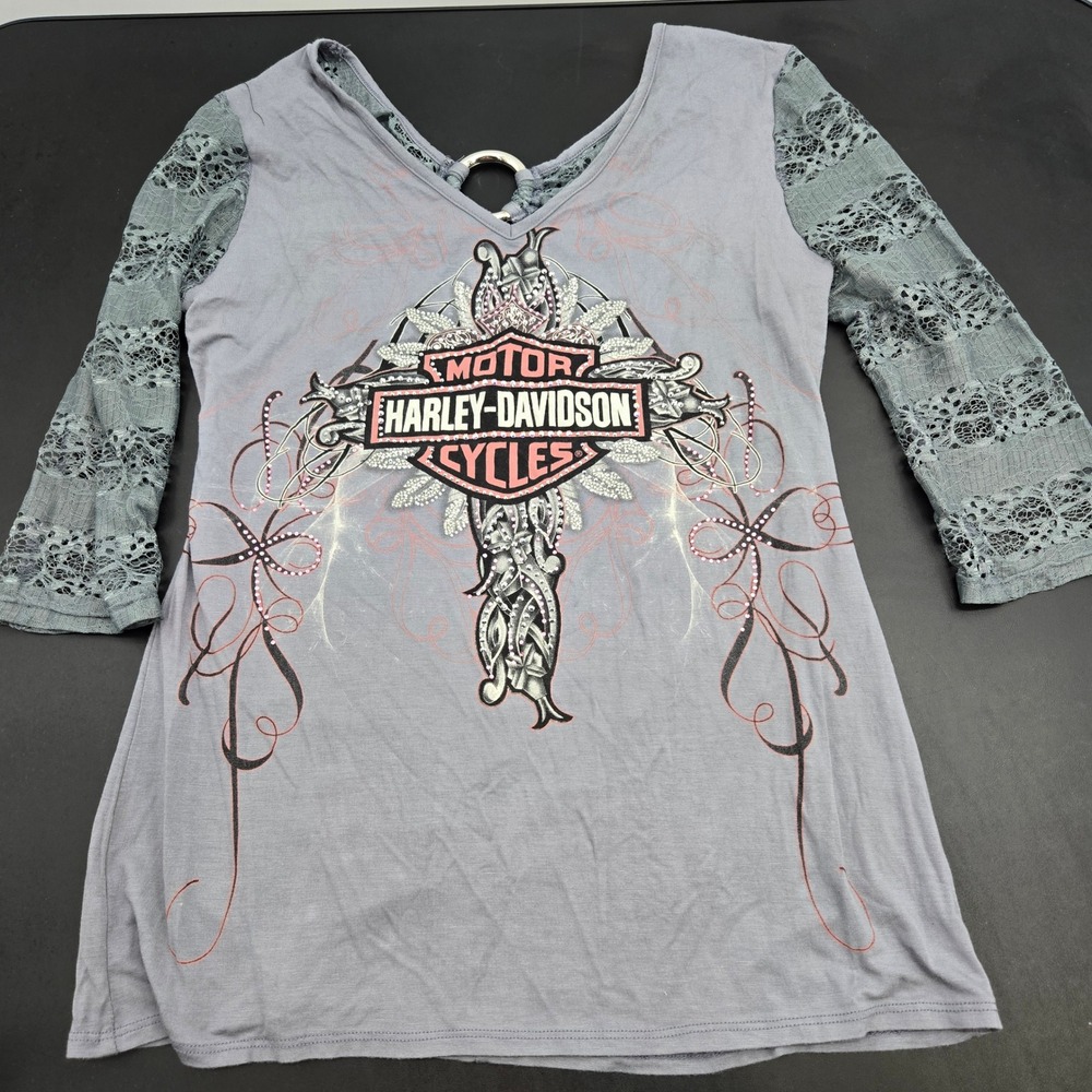 Women's‎ XL Harley Davidson Lace 3/4 Sleeve Graphic RhinestoneT-Shirt Gray